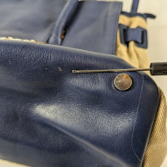 Sam Edelman Sylvia Purse Handbag Navy Blue Rare Embroidered Beads Leather Jute - Picture 15 of 16